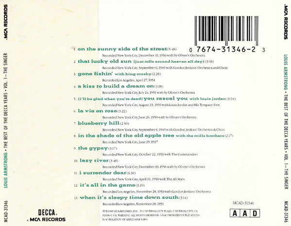 Louis Armstrong – The Best Of The Decca Years, Vol. One - The Singer