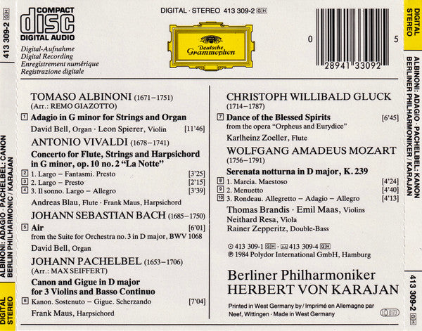 Albinoni · Pachelbel / Bach · Vivaldi · Mozart / Gluck / Berliner Philharmoniker · Herbert von Karajan – Albinoni: Adagio · Pachelbel: Canon / Bach: Air · Vivaldi: La Notte / Gluck: Reigen Seliger Geister = Dance Of The Blessed Spirits