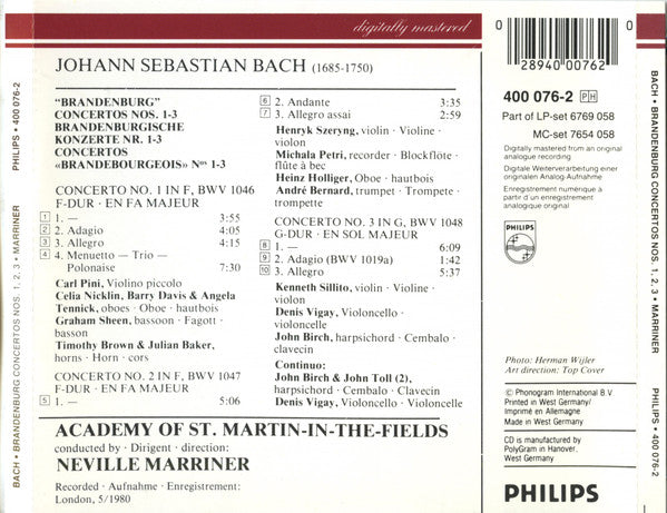 Bach – Henryk Szeryng, Heinz Holliger, Carl Pini, Michala Petri, André Bernard, Academy of St. Martin-in-the-Fields, Neville Marriner – The Brandenburg Concertos Nos. 1, 2 & 3 = Die Brandenburgischen Konzerte = Les Concertos Brandebourgeois