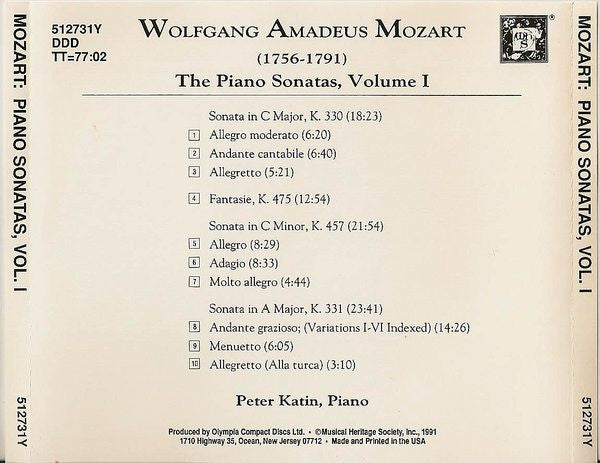 Wolfgang A. Mozart - Peter Katin – The Piano Sonatas, Volume 1