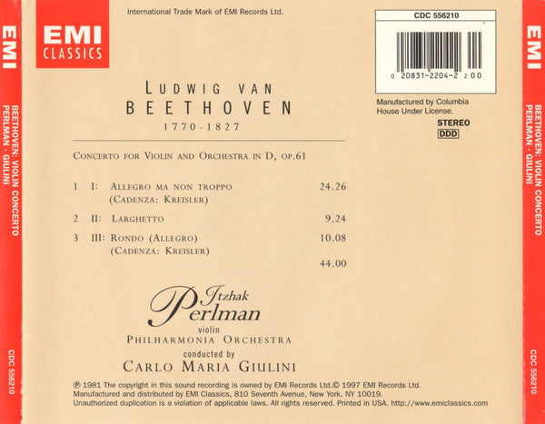 Beethoven / Itzhak Perlman, Carlo Maria Giulini, Philharmonia Orchestra – Violin Concerto