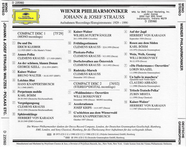 Wiener Philharmoniker / Johann & Josef Strauss – Wiener Philharmoniker Spielen Johann & Josef Strauss 1929-1990