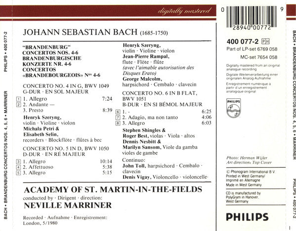 Bach · Henryk Szeryng, Jean-Pierre Rampal, Michala Petri, Elisabeth Selin, George Malcolm, Academy Of St. Martin-in-the-Fields, Neville Marriner ‎– The Brandenburg Concertos Nos. 4, 5, 6