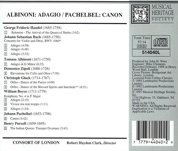 Albinoni, Pachelbel, Handel, Bach, Boyce, Gluck, Purcel, Zipoli, Consort Of London, Robert Haydon Clark ‎– Adagio / Canon / Arrival Of The Queen Of Sheba