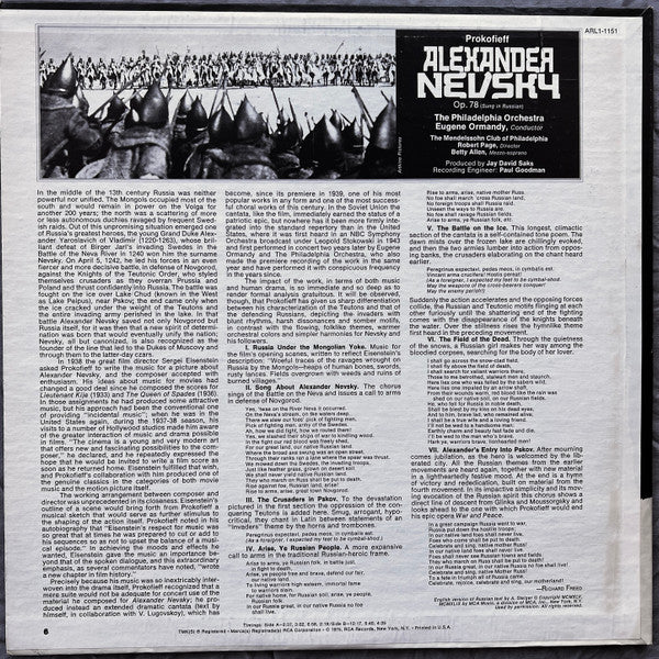 Prokofieff - Eugene Ormandy / The Philadelphia Orchestra, Betty Allen / The Mendelssohn Club Of Philadelphia / Robert Page ‎– Alexander Nevsky