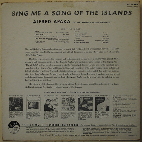 Alfred Apaka & The Hawaiian Village Serenaders ‎– Sing Me A Song Of The Islands