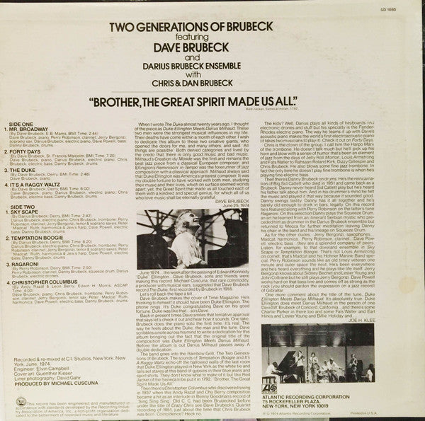 Dave Brubeck And Darius Brubeck Ensemble With Chris & Dan Brubeck ‎– Two Generations Of Brubeck "Brother, The Great Spirit Made Us All".
