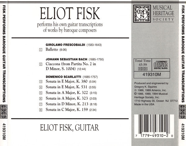 Eliot Fisk ‎– Eliot Fisk Performs His Own Guitar Transcriptions Of Works By Baroque Composers
