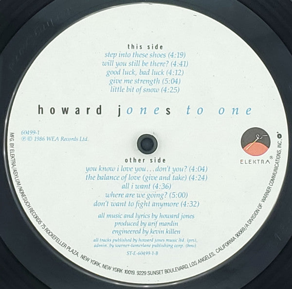 Howard Jones – One To One (1986, US LP, ARC Pressing)