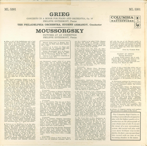 Grieg : Philippe Entremont, The Philadelphia Orchestra, Eugene Ormandy / Moussorgsky : Philippe Entremont ‎– Concerto For Piano And Orchestra In A Minor, Op. 16 / Pictures At An Exhibition