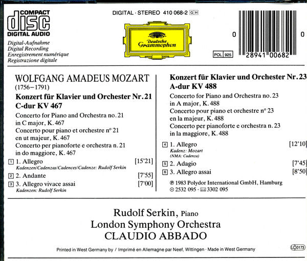 Wolfgang Amadeus Mozart – London Symphony Orchestra - Rudolf Serkin - Claudio Abbado ‎– Klavierkonzerte · Piano Concertos Nos. 21 & 23