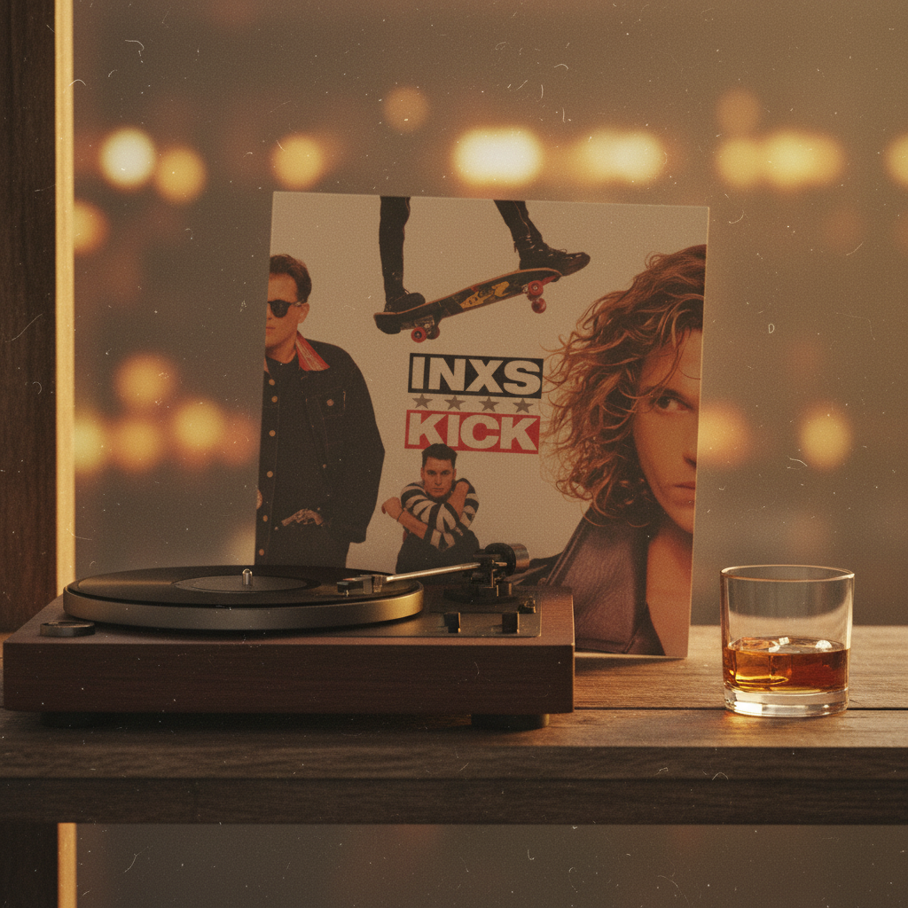 INXS Kick sealed clear vinyl LP leaning against a vintage turntable, warm amber lighting