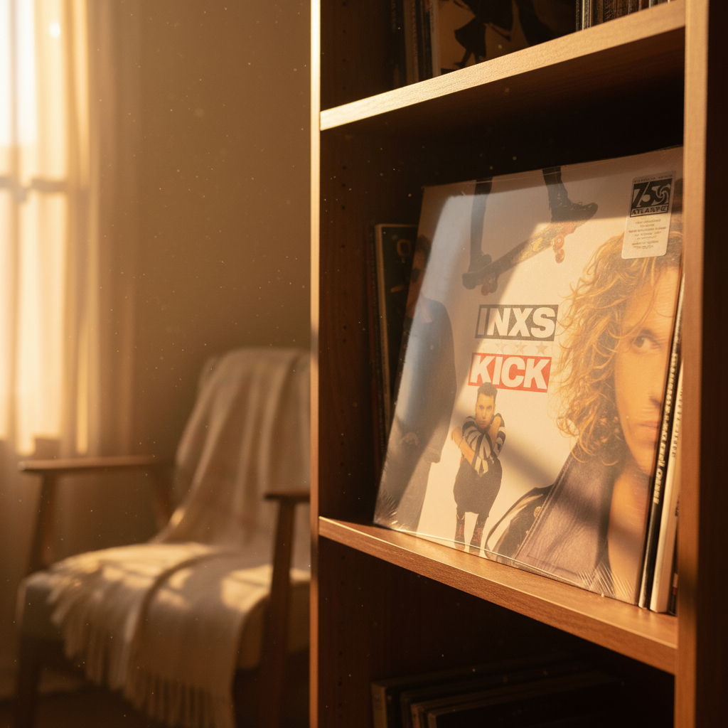 INXS Kick sealed clear vinyl LP standing upright on a record shelf, golden hour light catching the shrink wrap