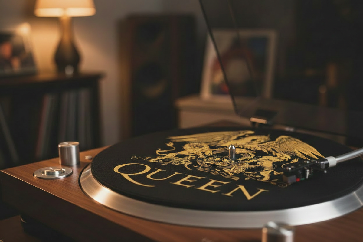 Queen Logo Slipmat on Turntable – Tonearm at Rest